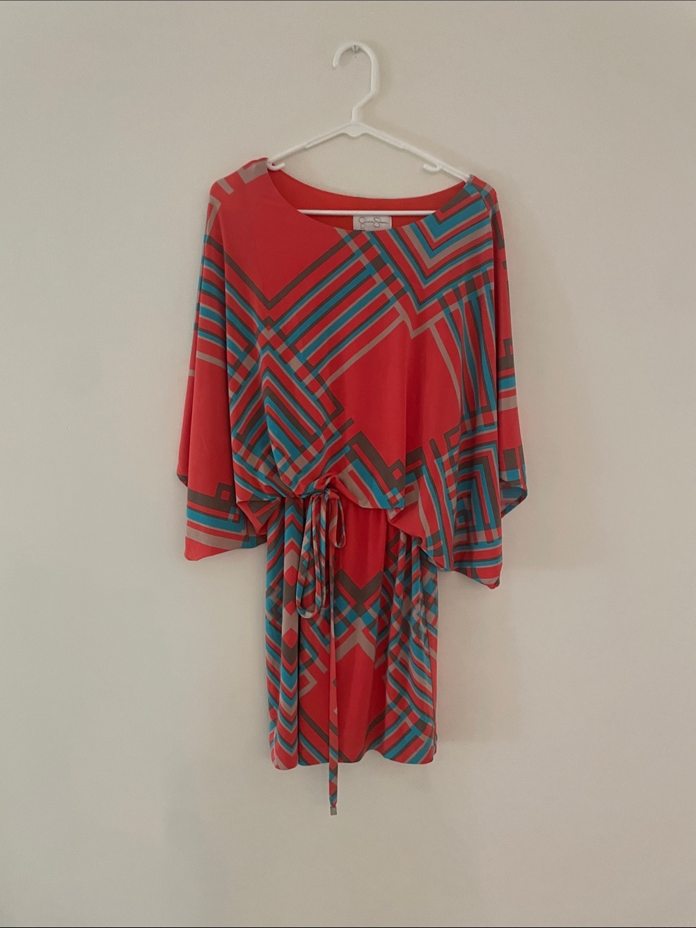 Jessica Simpson Red Geometric Print Dress with Teal & Gray Accents